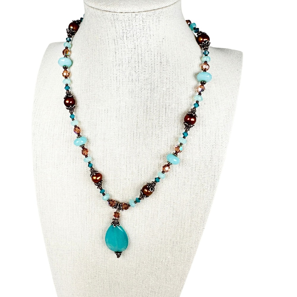 Handmade Blue Glass Pendant Necklace Pearls Bronze Crystals Boho 16‎ Inch